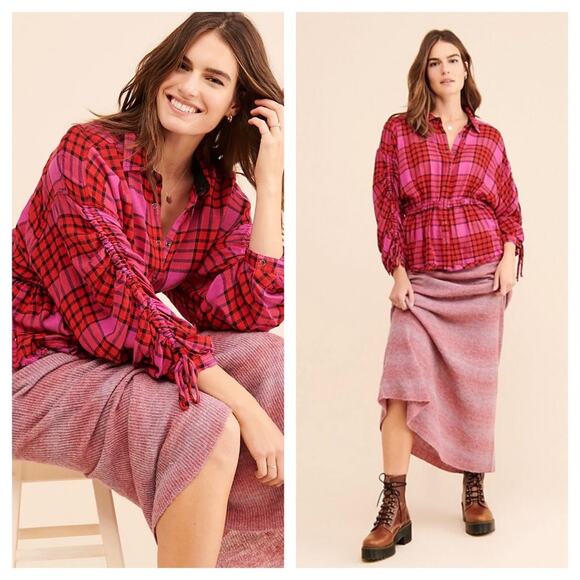 Free People Pacific Dawn Red Pink Drawstring Plaid Shirt Medium - Picture 2 of 14